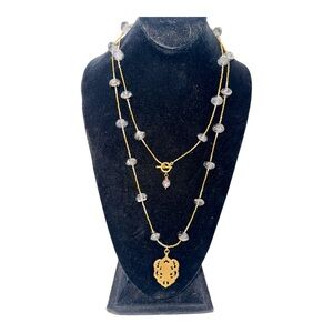 Dazzling Goldtone & Gray Crystal Layered Beaded Necklace w Ornate Pendant